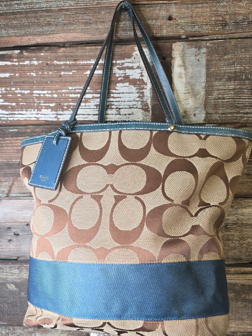Coach Signature C Tan Canvas Tote with Blue Trim and Tag